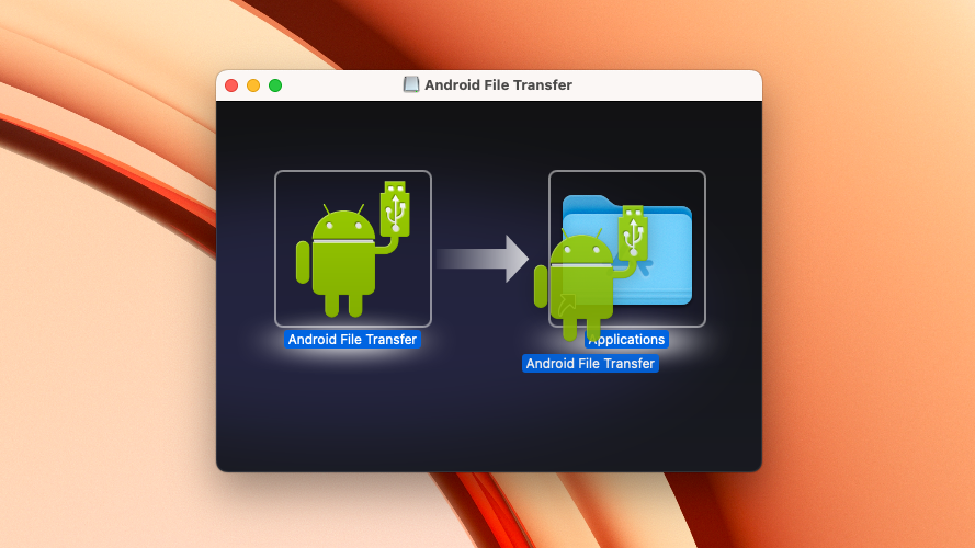 Capture d'écran de l'application Android File Transfer en cours de copie dans le dossier Applications.