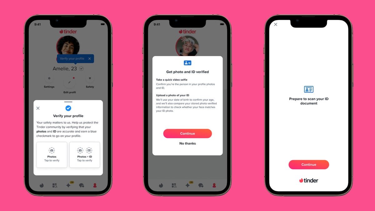 trois téléphones montrant le nouveau processus de vérification sur fond rose