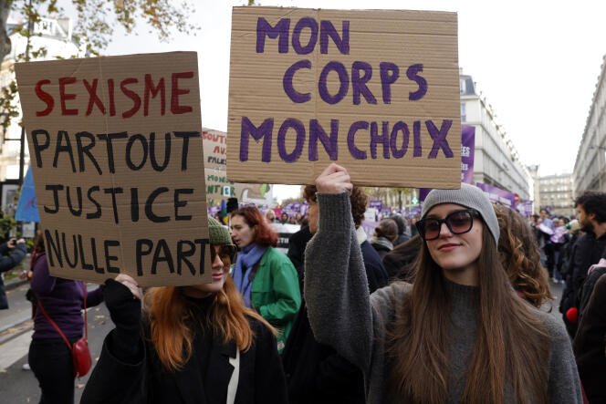 Lors d'une manifestation féministe à Paris à l'occasion de la Journée internationale pour l'élimination des violences à l'égard des femmes, le 25 novembre 2023.