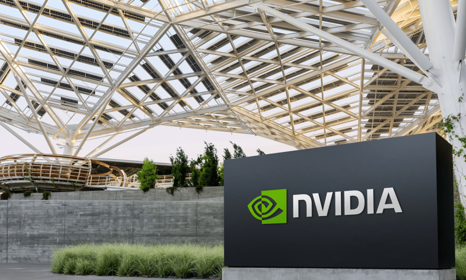 Siège social de nvidia avec panneau nvidia devant.