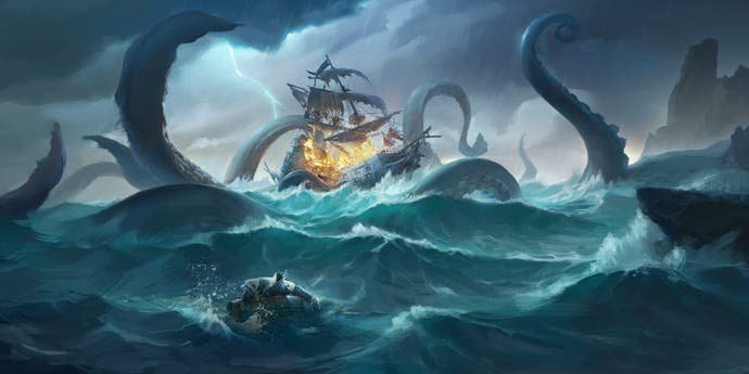 Un navire attaqué par un kraken tandis qu'un personnage flotte sur un tonneau dans la mer.