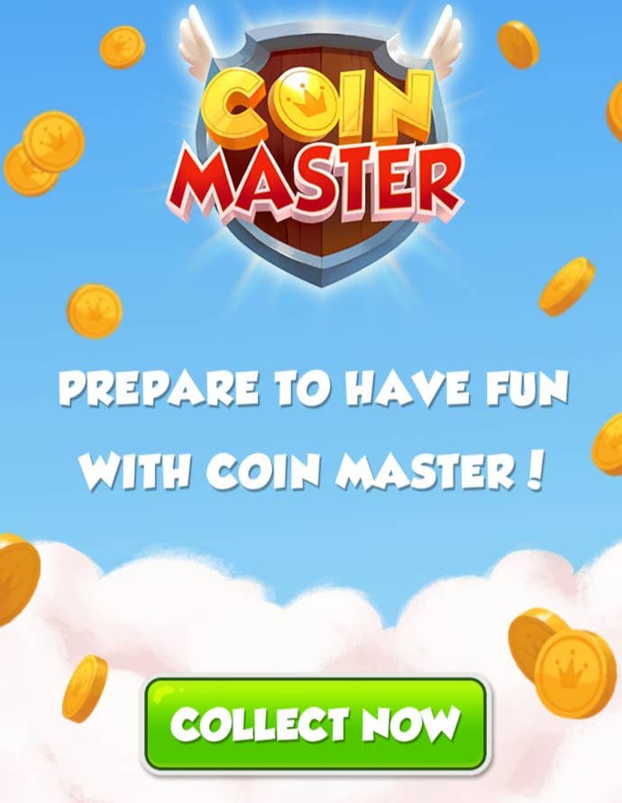Un site Web pour le jeu mobile Coin Master avec un bouton « Collecter maintenant » qui, une fois enfoncé, permet d'échanger des liens de tours gratuits.