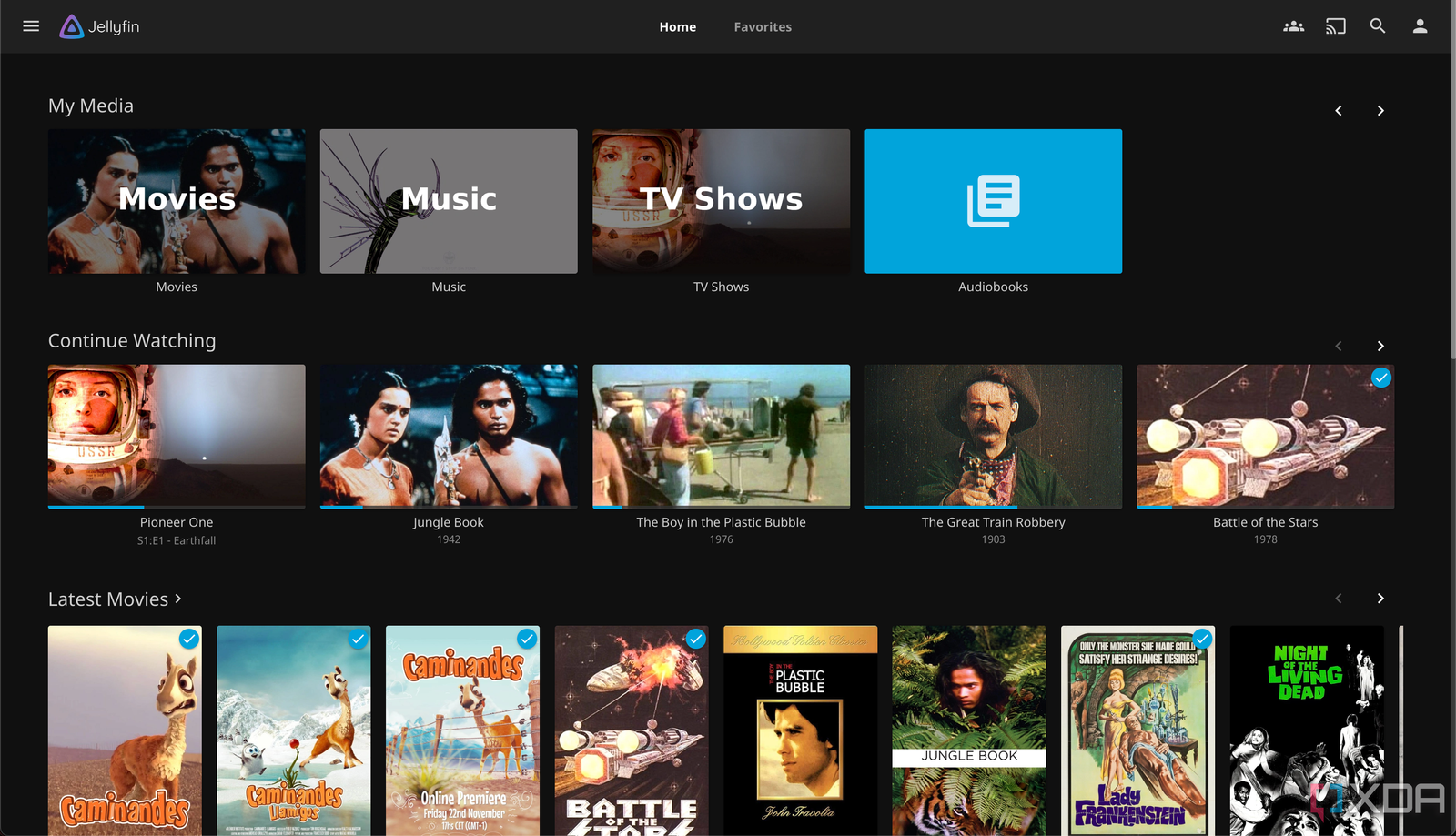Panneau Web Jellyfin avec films, musique, émissions de télévision et livres audio