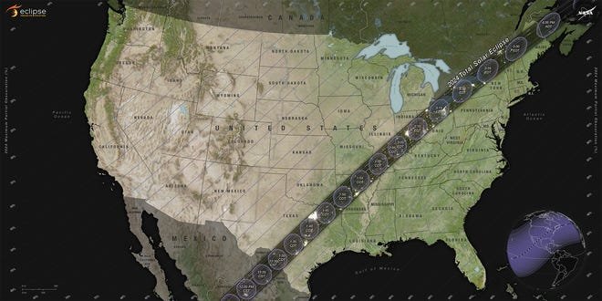 Cette carte de la NASA de la zone continentale des États-Unis montre la trajectoire de la totalité pour l'éclipse solaire totale de 2024 qui aura lieu le 8 avril.