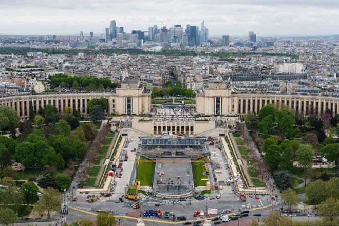 The Champ de Mars in Paris on April 11, 2024 shows the construction site of the Eiffel Tower Stadium for the 2024 Paris Olympic Games that will host the Beach Volleyball and men's Blind Football competitions.