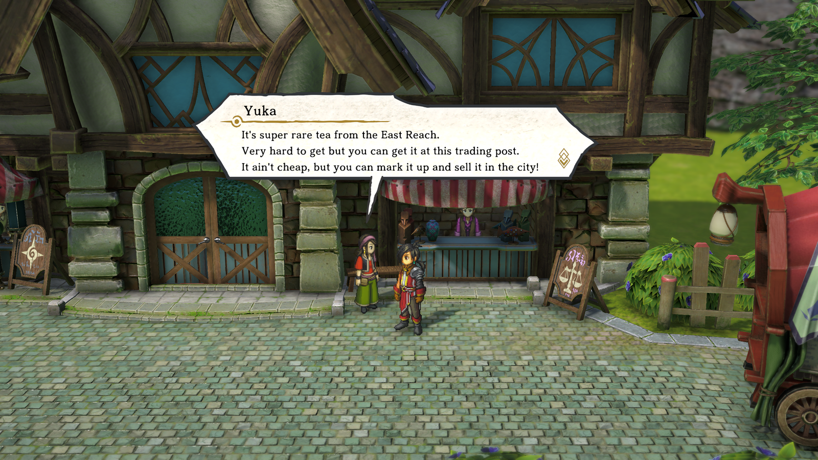 Yuka, un habitant du village de Werne, offre au joueur des conseils sur le commerce dans Eiyuden Chronicle.