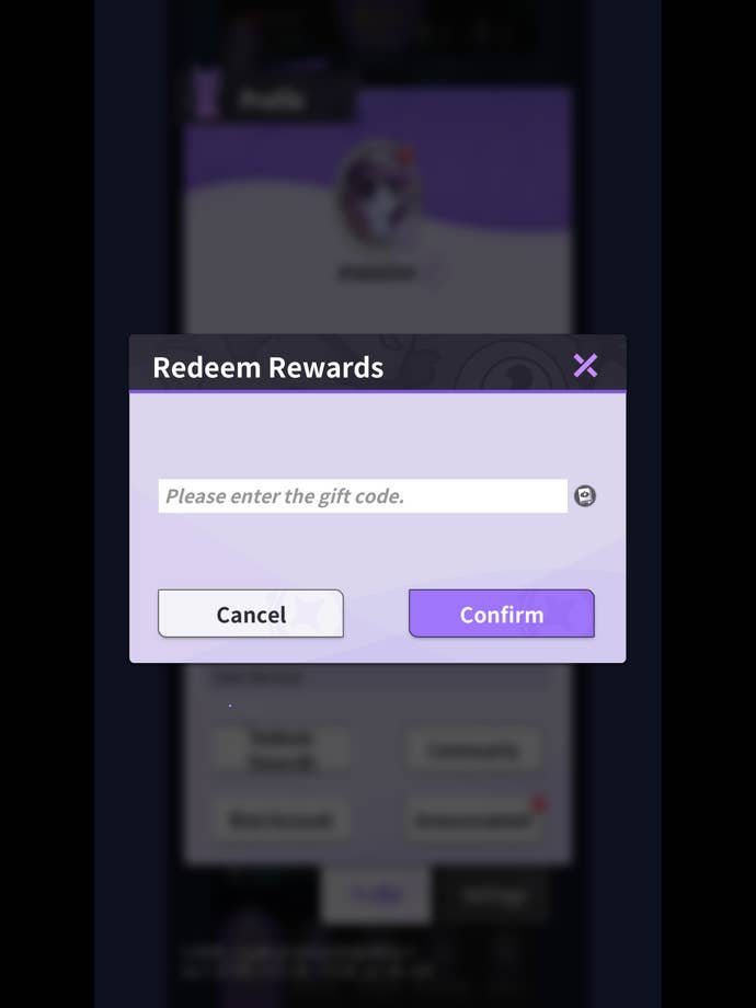 Une capture d'écran de Monster Never Cry montrant la page des codes du jeu.