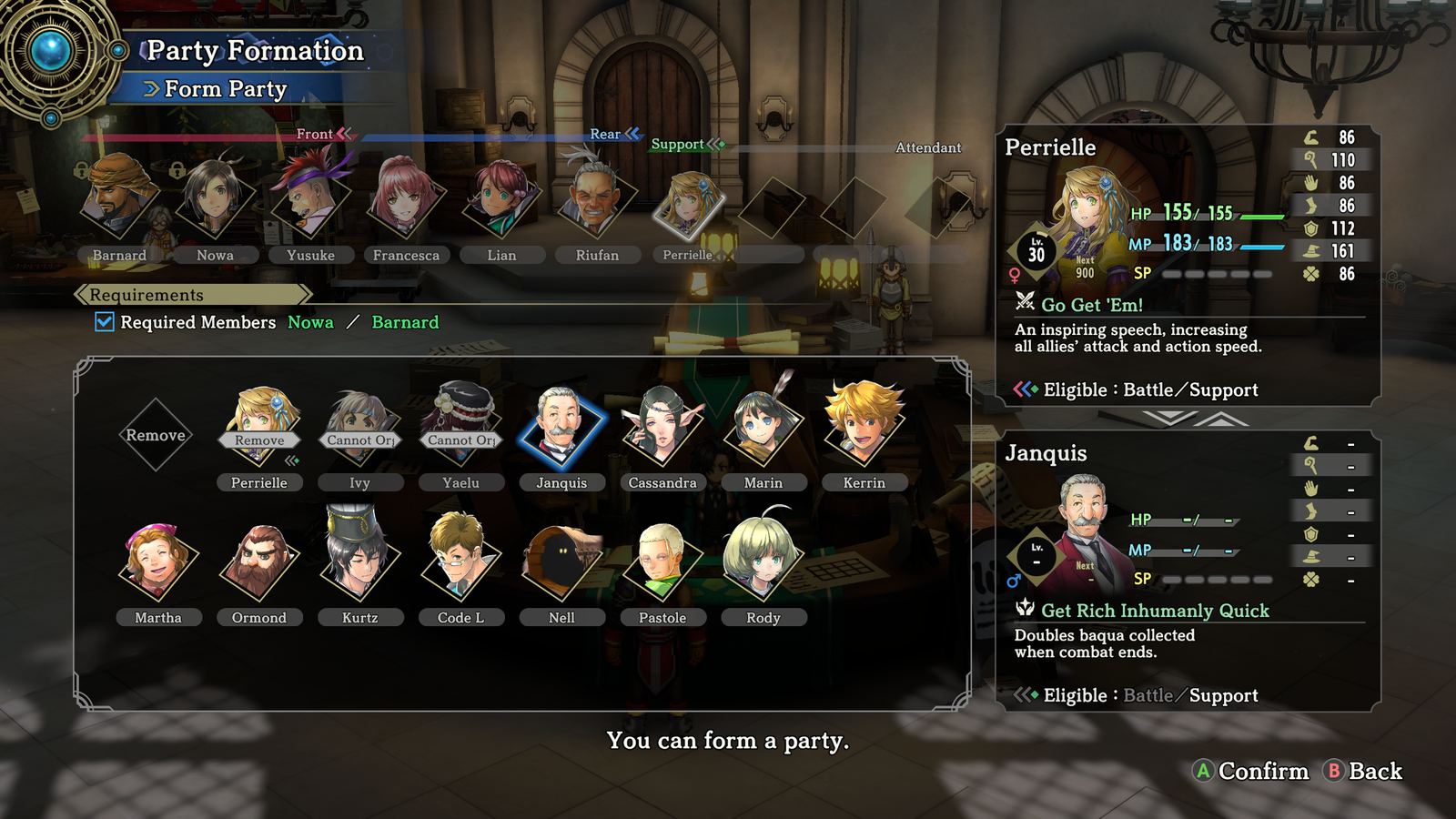 Écran de sélection de groupe d'Eiyuden Chronicle se concentrant sur la capacité de soutien de Janquis