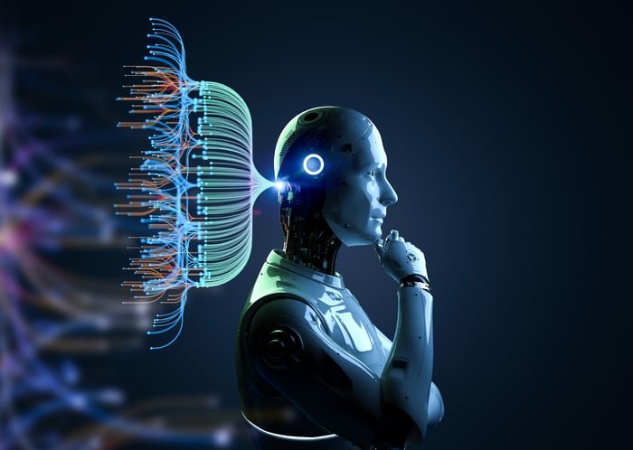 Représentation artistique d'un robot humanoïde avec le doigt sur le menton.