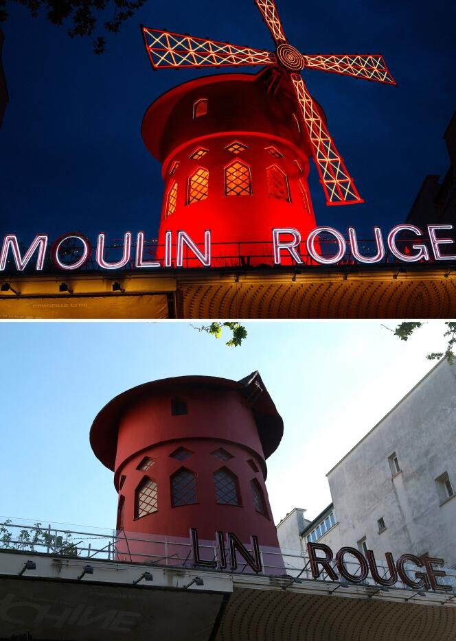 Cette combinaison de photos montre le Moulin Rouge le 13 octobre 2023, et le moulin cabaret sans les pales et une partie de l'enseigne manquante le 25 avril 2024.