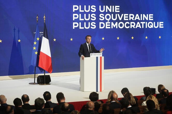 Emmanuel Macron, lors de son discours sur l'Europe à l'amphithéâtre de la Sorbonne Université, le 25 avril 2024, Paris.