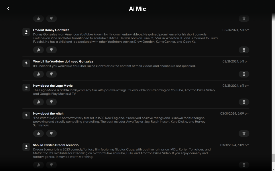A screenshot showing the data stored on the Humane AI Pin's web portal. At the top is the header