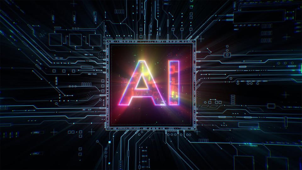 Un graphique représentant un processeur d'ordinateur avec les lettres AI imprimées dessus.