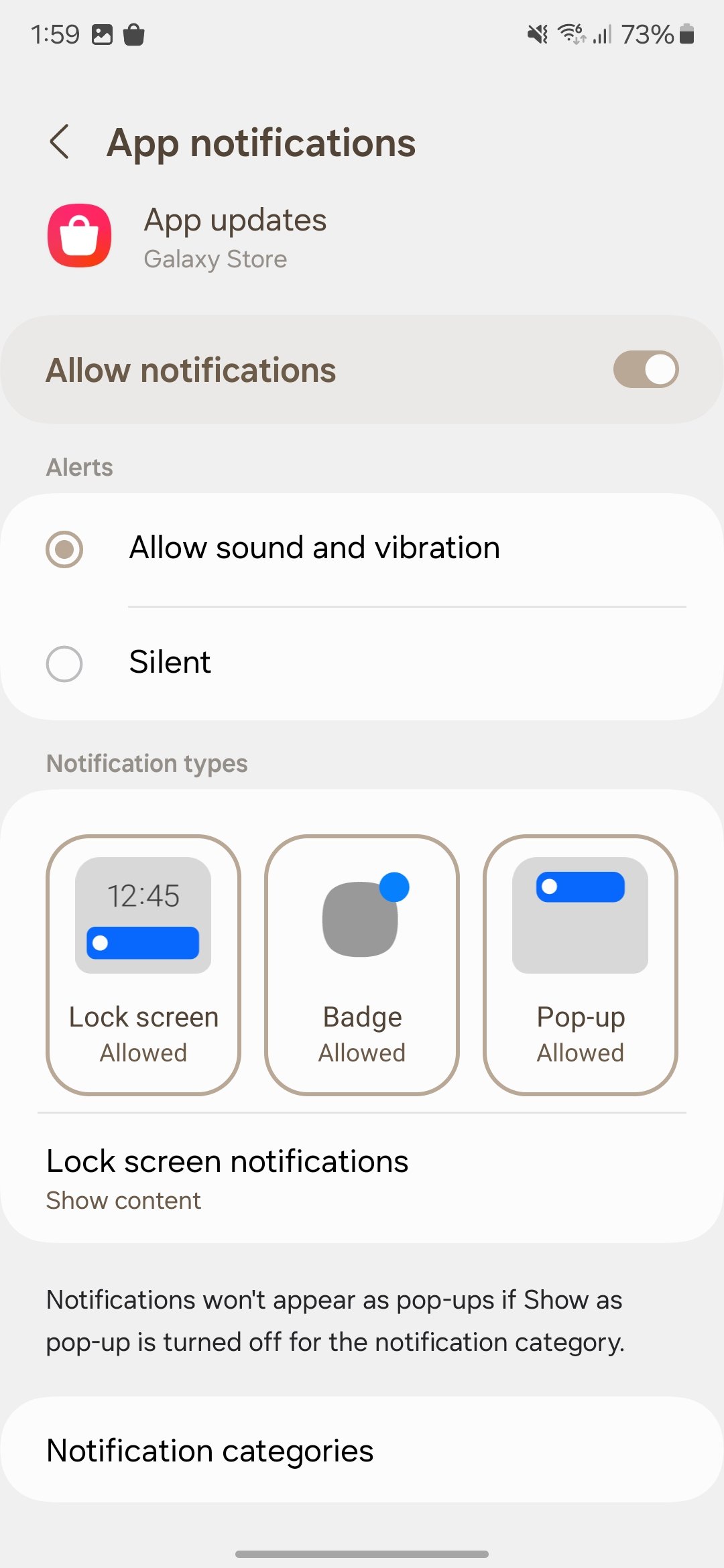capture d'écran Samsung Galaxy une notification de l'application ui oui catégories