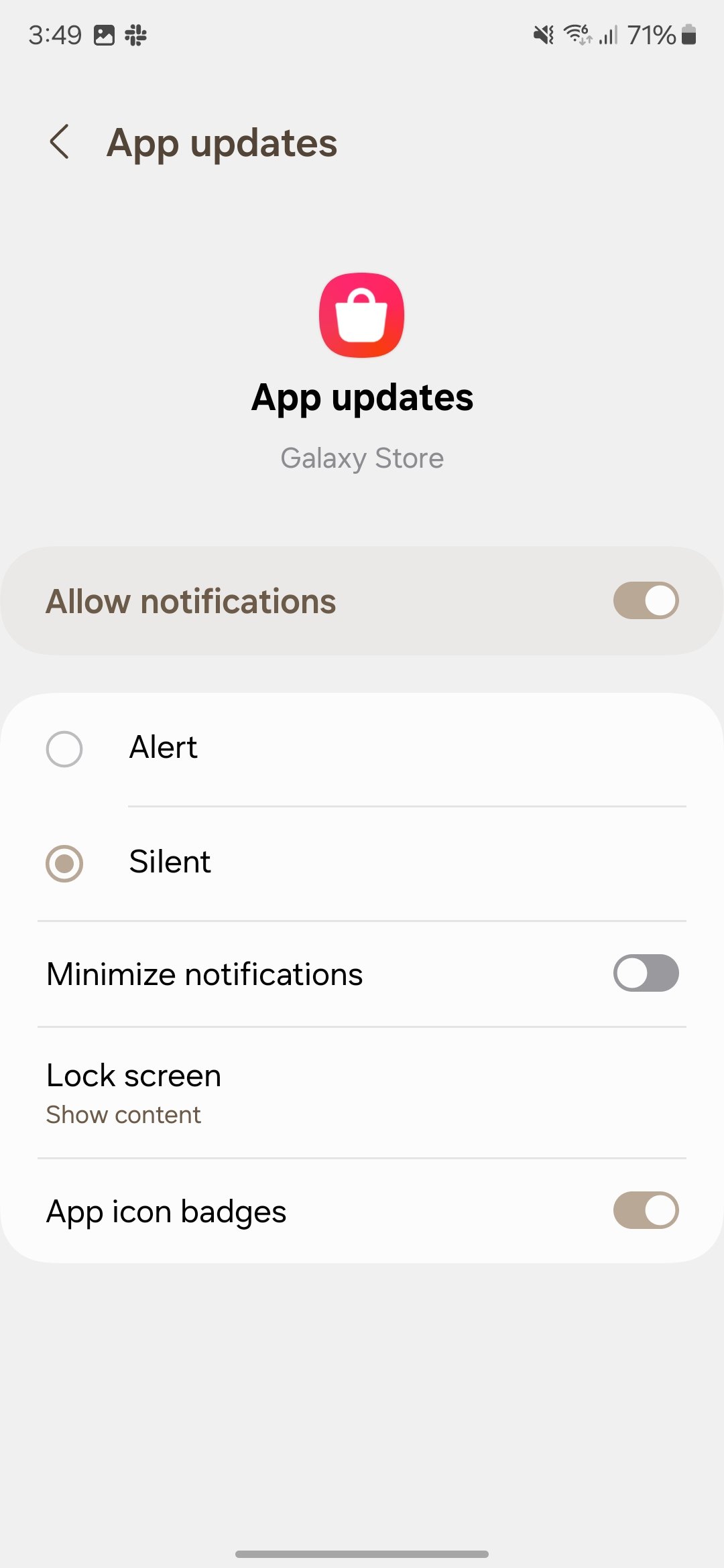 capture d'écran Samsung One UI Galaxy Store catégorie de notification mise à jour de l'application