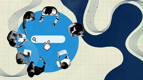 Serenity Strull/BBC/Getty Images A collage of office workers sitting around a table with a search box in its center (Credit: Serenity Strull/BBC/Getty Images)