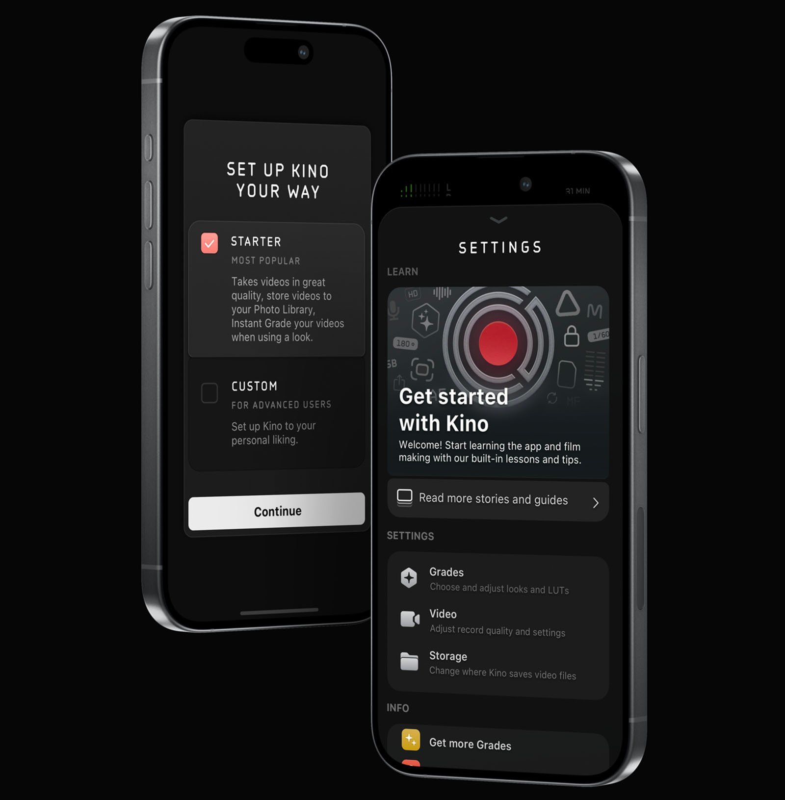 Deux smartphones affichent l'application Kino.  Le téléphone de gauche affiche un écran de configuration avec des options pour 