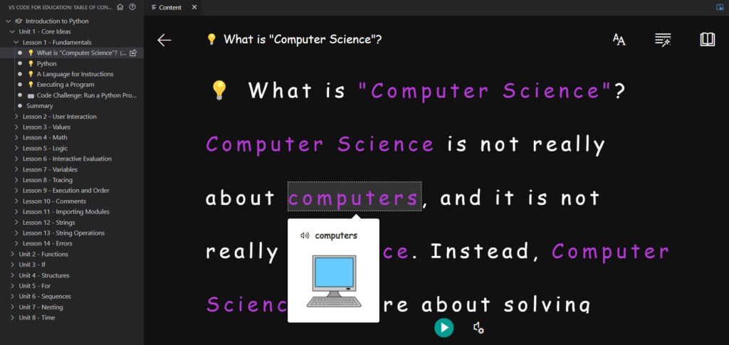 Exemple de lecteur immersif VS Code for Education.