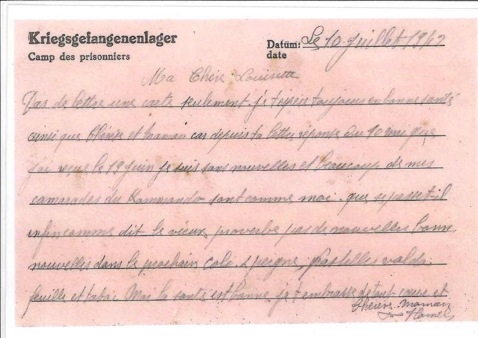 Une des lettres que Félix Hamel, agriculteur de Normandie, France, a écrite à son épouse, Louise Hamel, alors qu'il était prisonnier des Allemands pendant la Seconde Guerre mondiale.