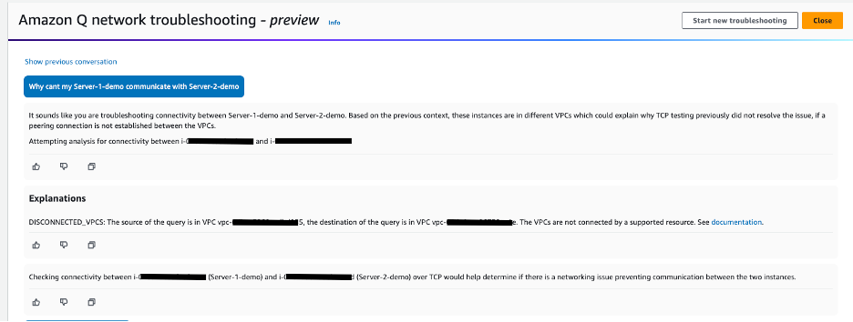 Figure 8 : réponse de dépannage de connectivité générée par Amazon Q