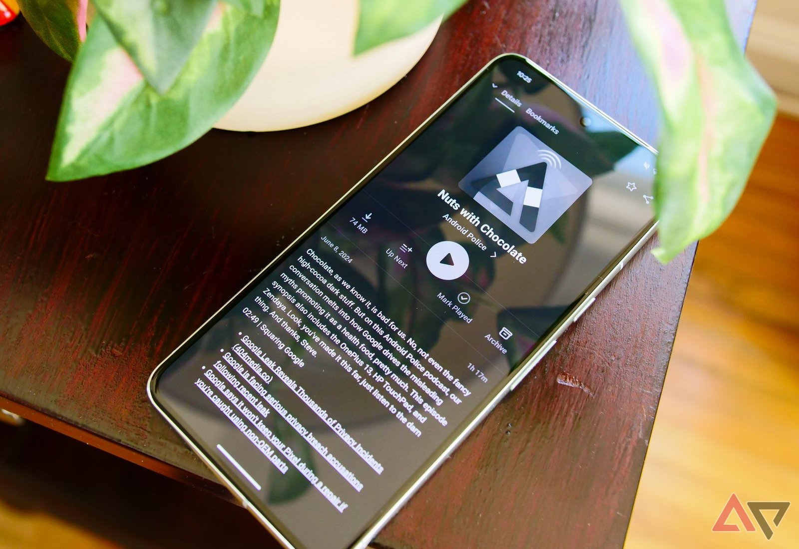 Un Pixel 8 Pro posé sous une plante avec un épisode du podcast Android Police affiché en niveaux de gris.