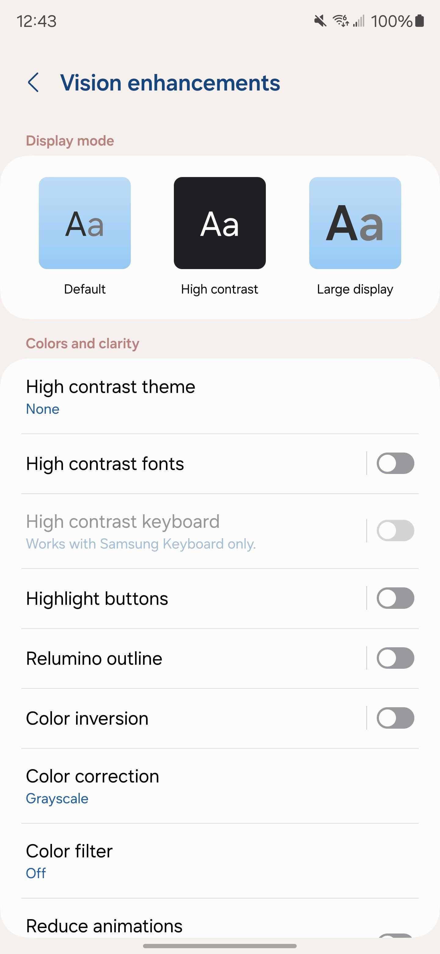Le menu Améliorations de la vision dans One UI.