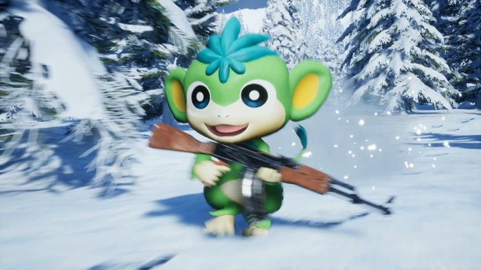 Un Pal ressemblant à un singe avec un AK-47 sprinte dans la neige à Palworld. Un Pal ressemblant à un singe avec un AK-47 sprinte dans la neige à Palworld.