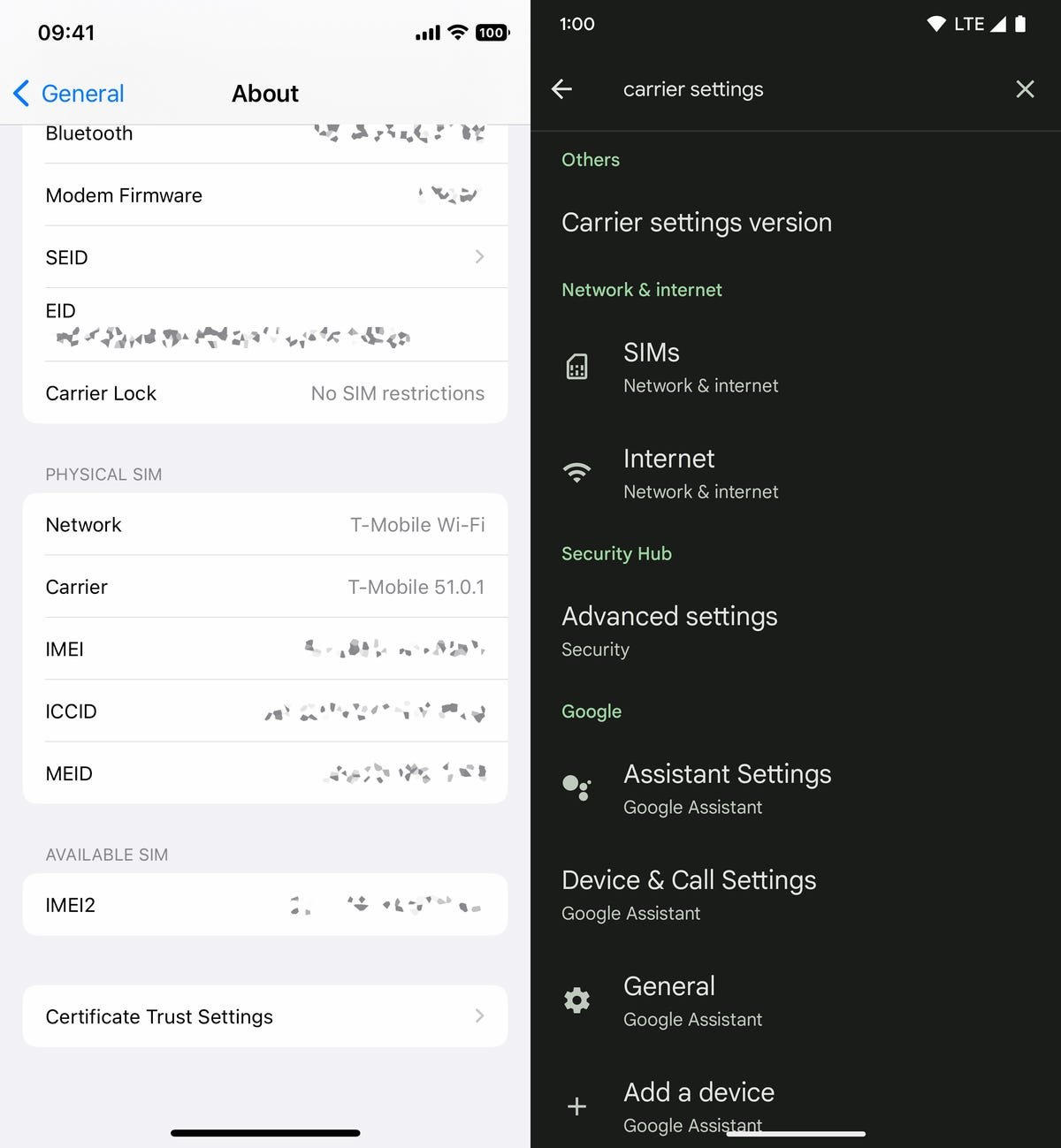 Paramètres de l'opérateur sur iOS et Android