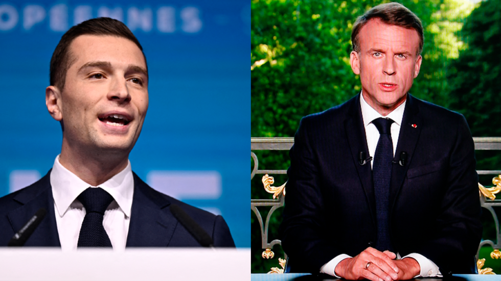 Jordan Bardella, le principal candidat du Rassemblement national d'extrême droite français, réagit aux gains électoraux prévus tandis que le président français Emmanuel Macron annonce des élections anticipées dans un discours national.