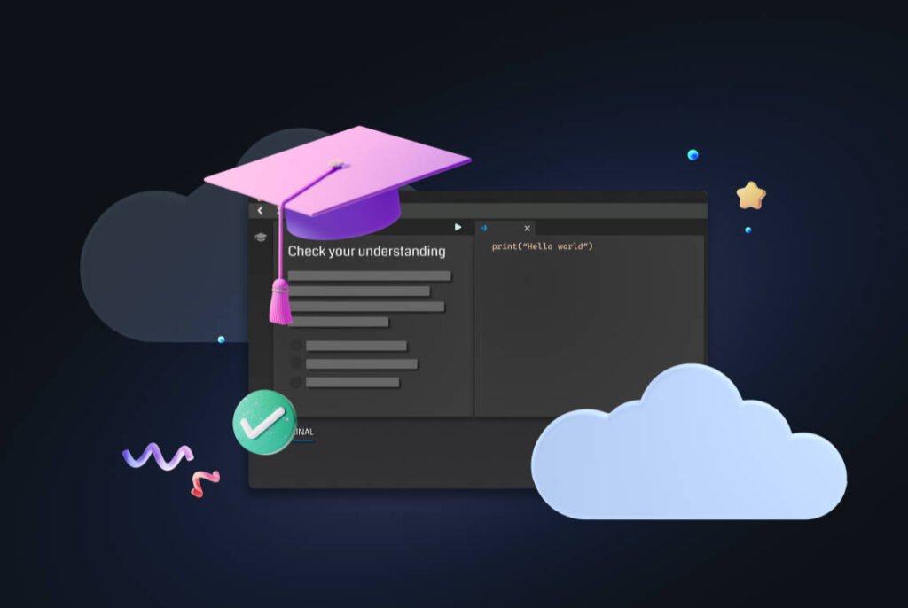 Graphique représentant un terminal avec une superposition de capuchon de graduation et une icône en forme de nuage.