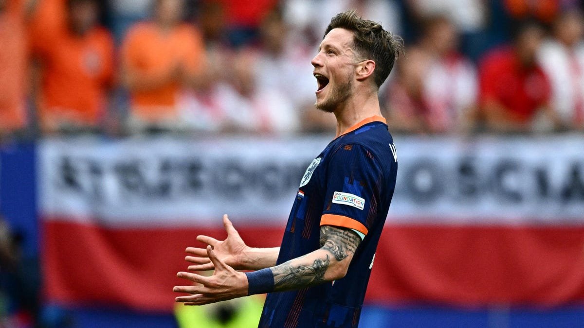 Side pin image of Netherlands' forward Wout Weghorst celebrating, showing.