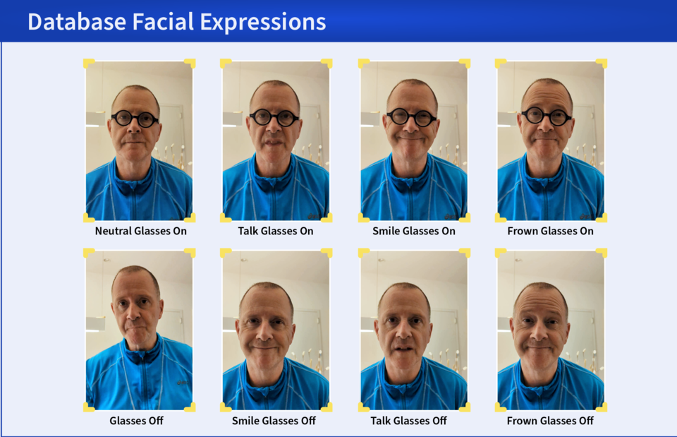Huit images montrent la même personne, quatre portant des lunettes et quatre sans, et toutes avec des expressions de visage différentes.  L'étiquette indique : Base de données d'expressions faciales.