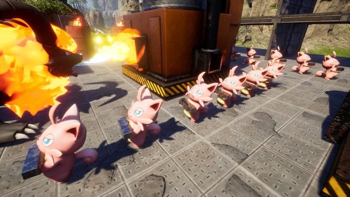 Des amis mignons transportent des lingots de fer dans une fonderie de Palworld. Des amis mignons transportent des lingots de fer dans une fonderie de Palworld.