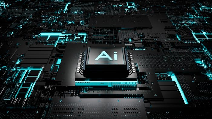 Lettres AI sur puce dans une carte serveur.