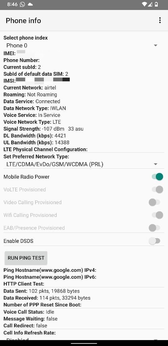 Menu de test du téléphone Android accessible avec un code court