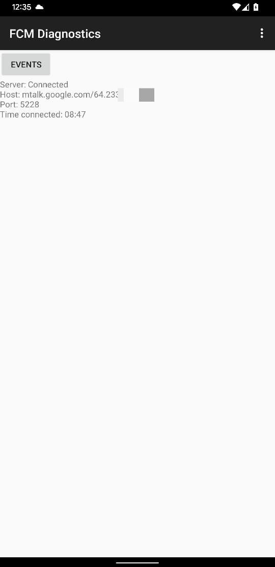 code pour obtenir les diagnostics de Firebase Cloud Messaging (FCM). FCM est un service Google qui permet les notifications push et la messagerie entre les serveurs et les appareils. Vous verrez l'état actuel des services Google Play, qu'ils soient connectés ou non, et saurez que vous n'êtes pas le seul utilisateur concerné.