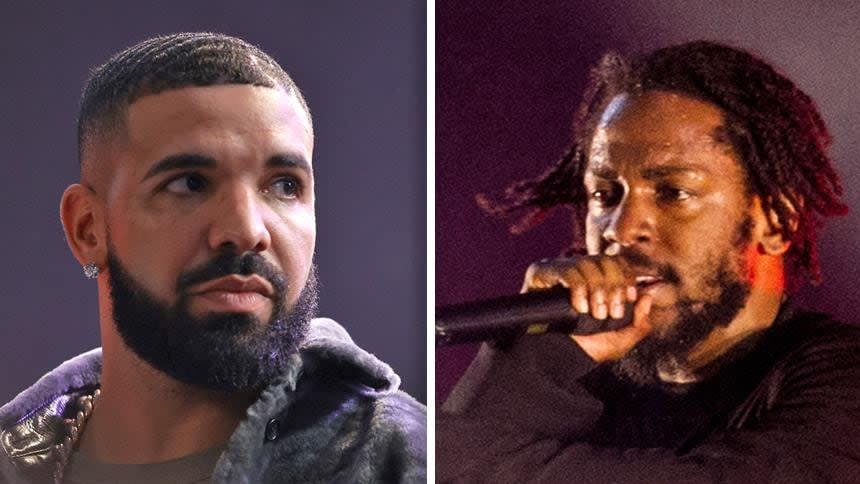 Drake, à gauche, et Kendrick Lamar. Les deux rappeurs se livrent depuis cette année une bataille lyrique acharnée, avec des railleries et des insultes qui ne cessent de s'intensifier. (Amy Sussman/Getty Images, Santiago Bluguermann/Getty Images)