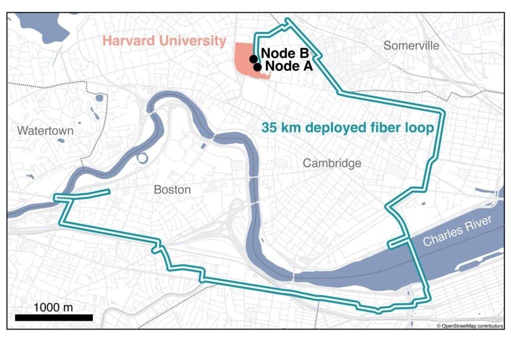 Carte montrant le chemin du réseau quantique à deux nœuds à travers Boston et Cambridge.